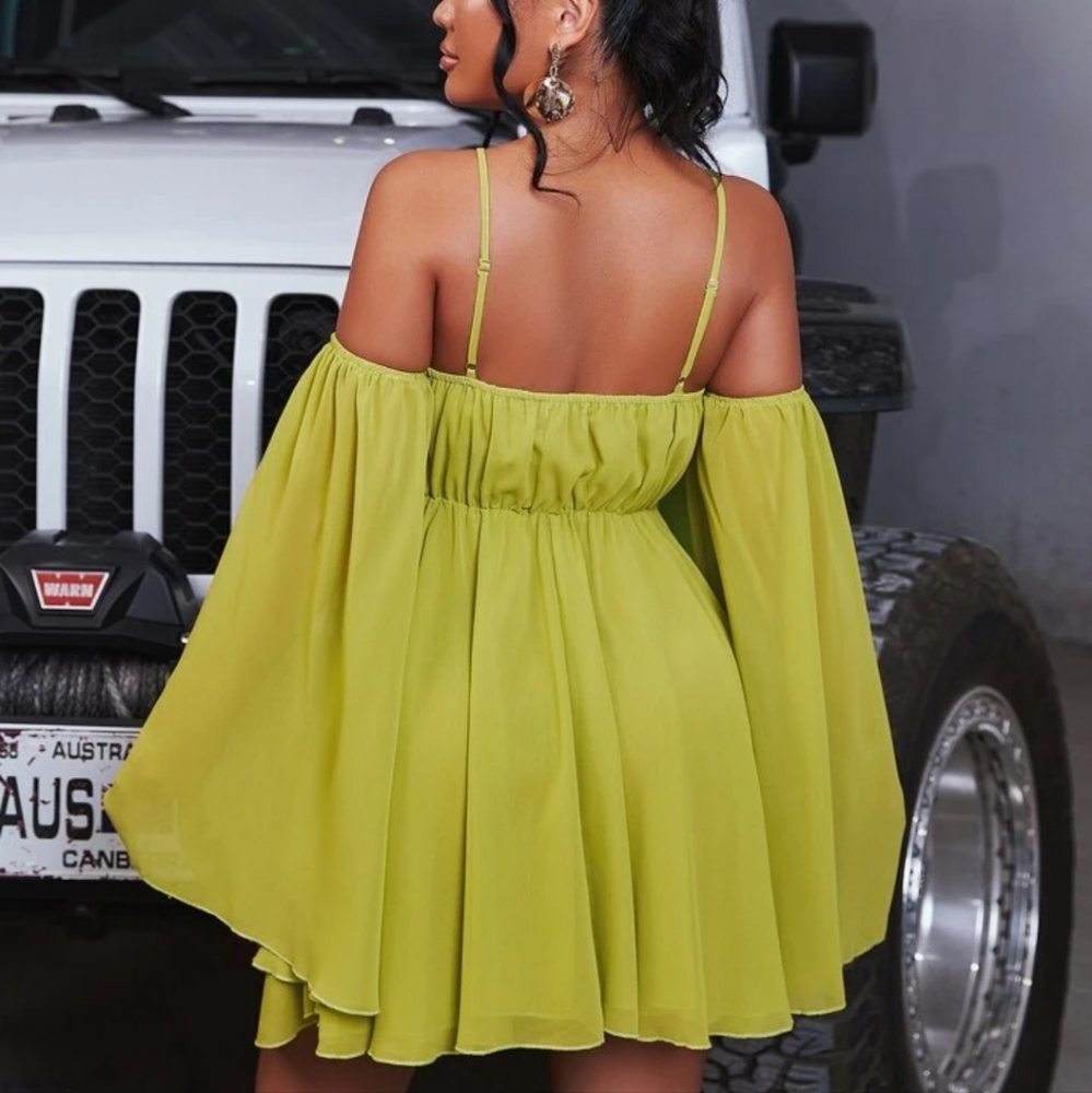 SHEIN sexy Cold Shoulder Flounce Sleeve Olive Green Dress